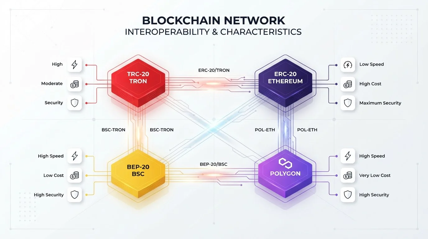 Diagrama de redes blockchain TRC-20 ERC-20 BEP-20 Polygon con logos y características