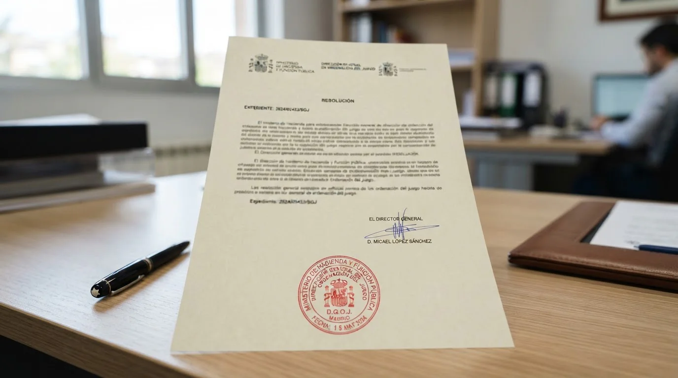 Documento oficial con sello de regulación española DGOJ sobre fondo de escritorio