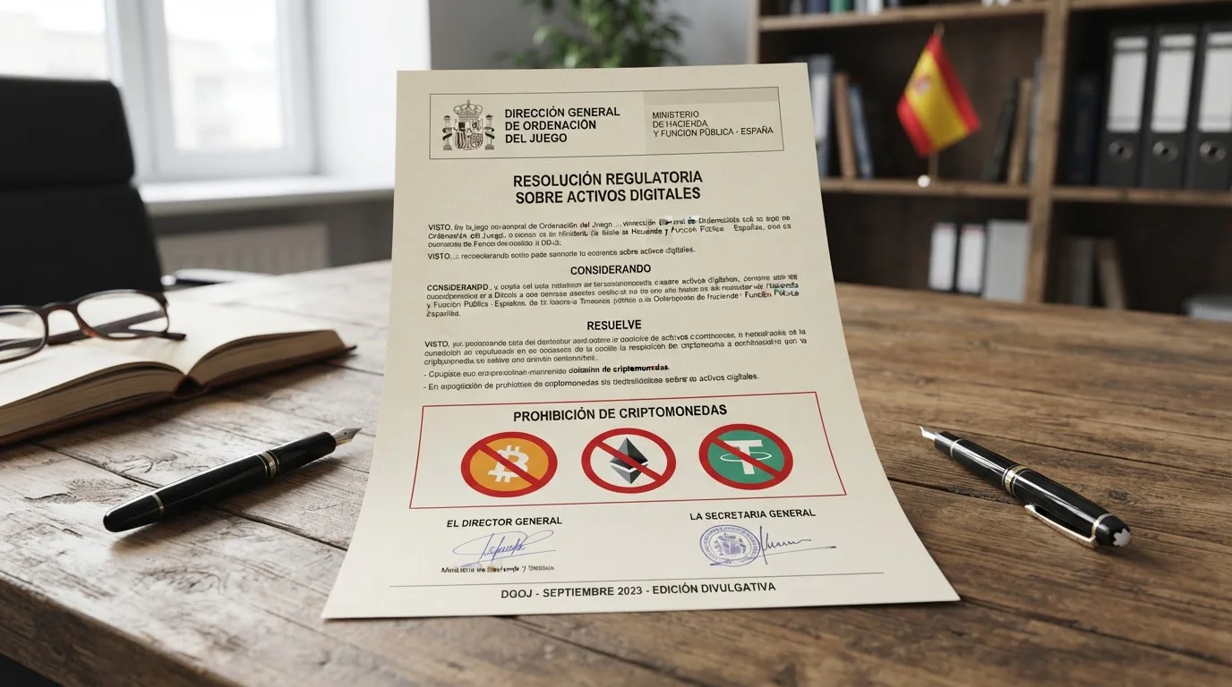 Documento legal con sello DGOJ y símbolo de prohibición sobre criptomonedas