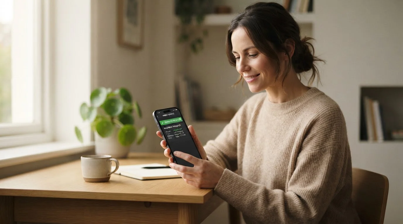 Persona recibiendo notificación de transferencia bancaria acreditada en smartphone