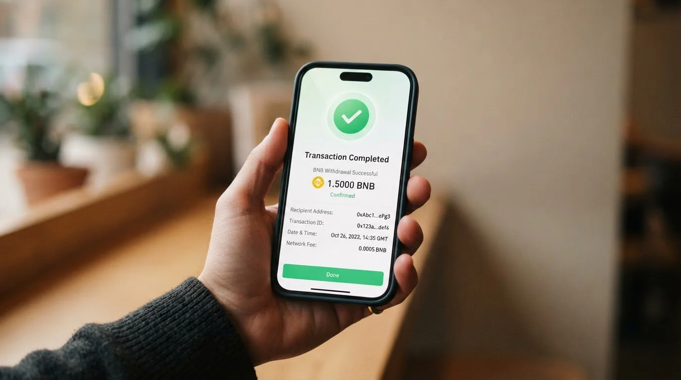 Pantalla de smartphone mostrando confirmación de retiro completado con fondos BNB llegando a wallet