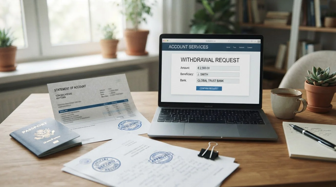Documento de verificación KYC junto a ordenador mostrando solicitud de retiro