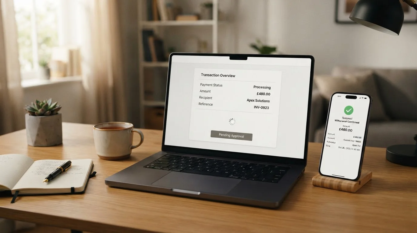 Smartphone y ordenador portátil mostrando interfaces de retiro y procesamiento de pagos