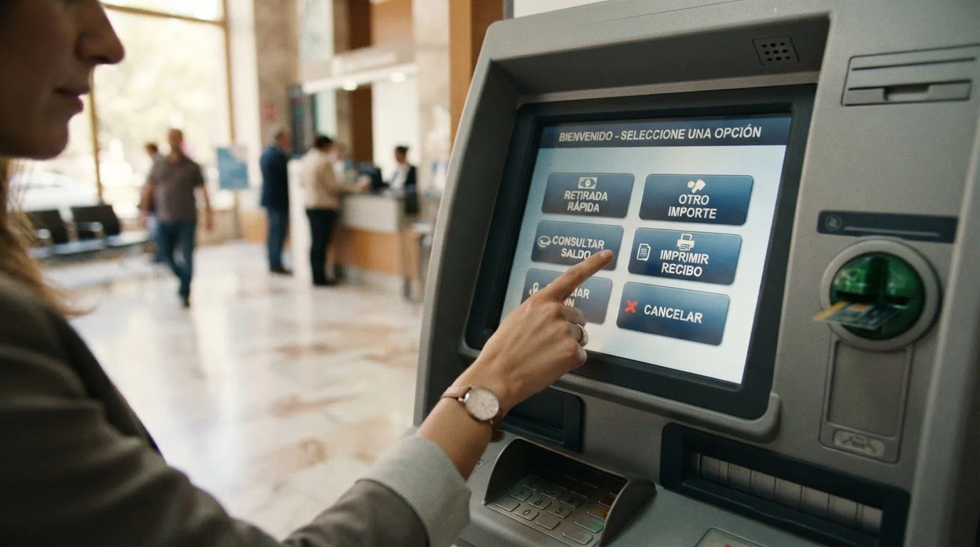 Persona usando cajero automático en España para retiro Halcash