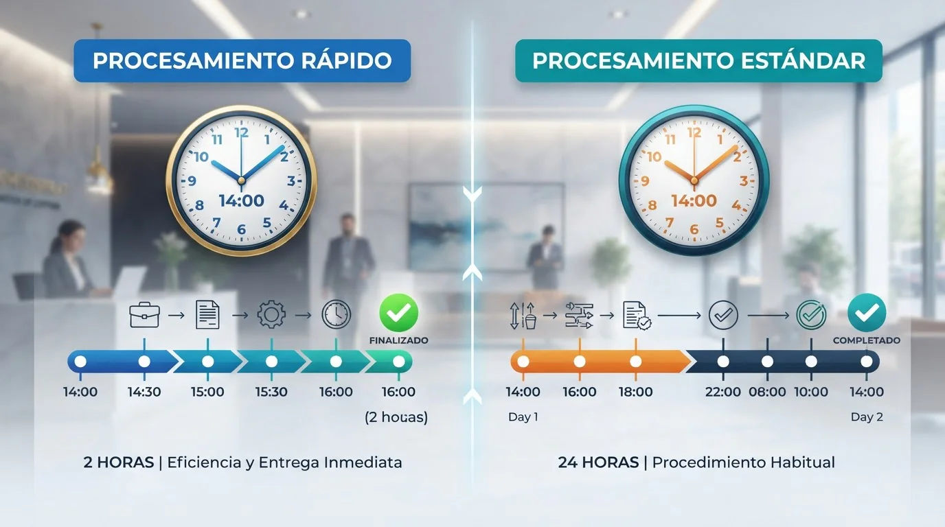 Comparación visual de tiempos de procesamiento rápido versus estándar