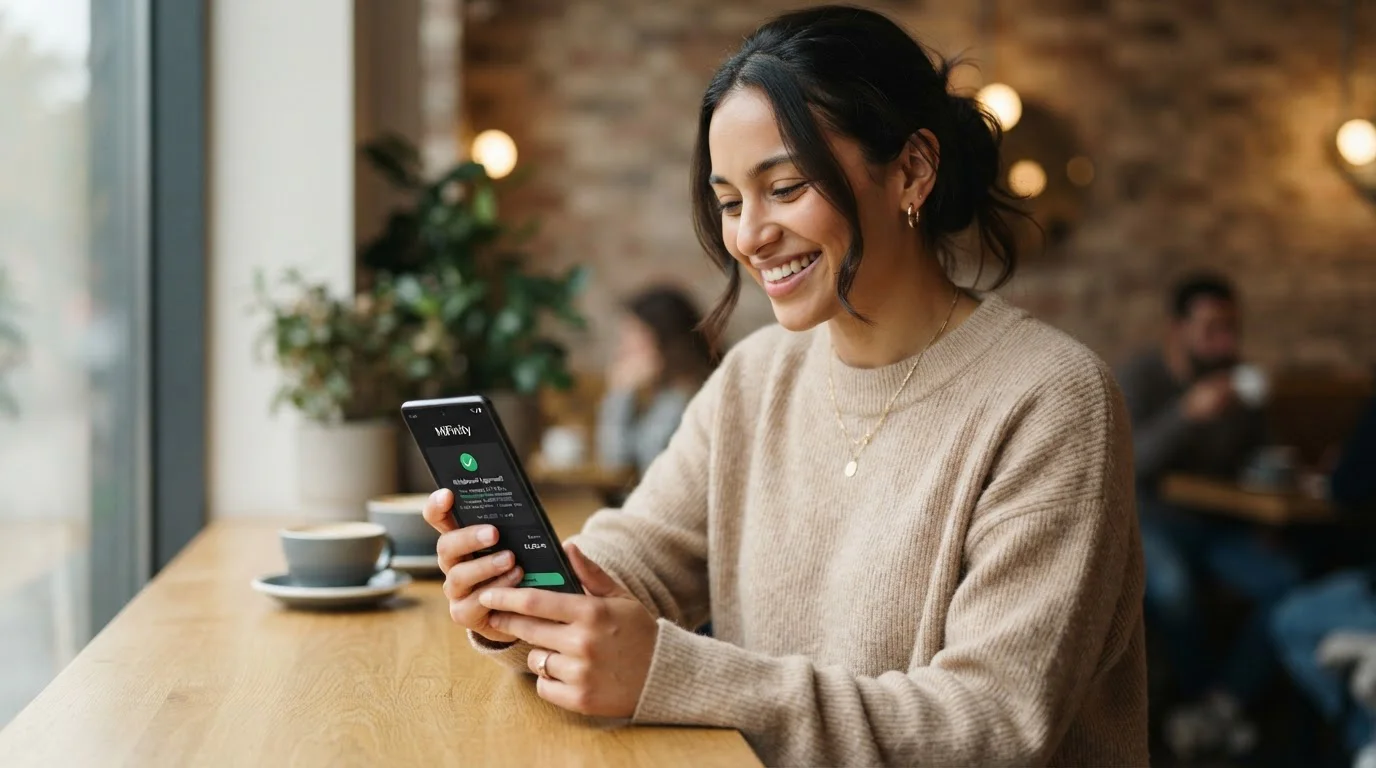Persona revisando notificación de retiro aprobado en teléfono móvil