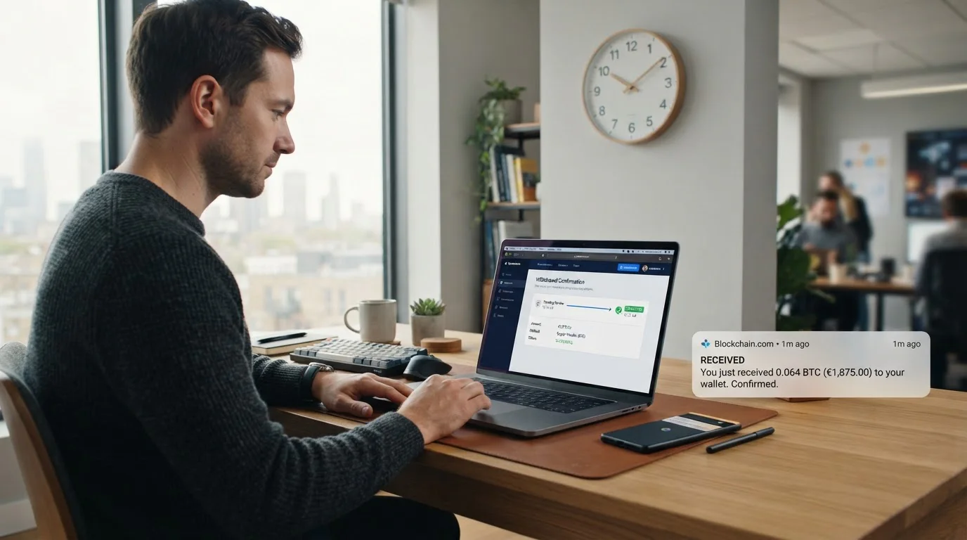 Laptop mostrando pantalla de retiro completado con notificación de transacción recibida en smartphone