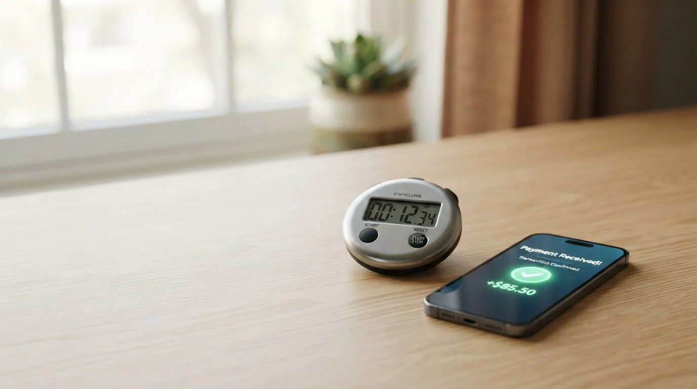 Cronómetro en escritorio junto a smartphone mostrando notificación de pago recibido