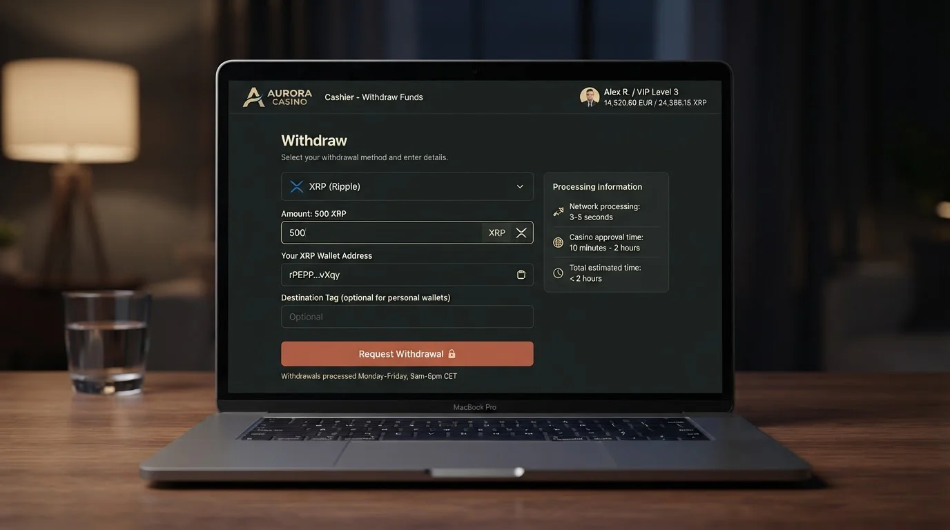 Pantalla de cajero de un casino mostrando una solicitud de retiro en XRP con dirección y cantidad