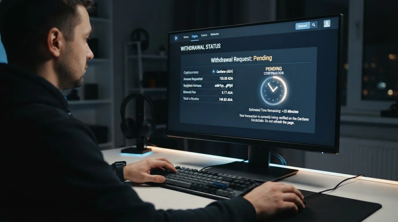 Pantalla de confirmación de retiro en interfaz de casino crypto con timer de procesamiento