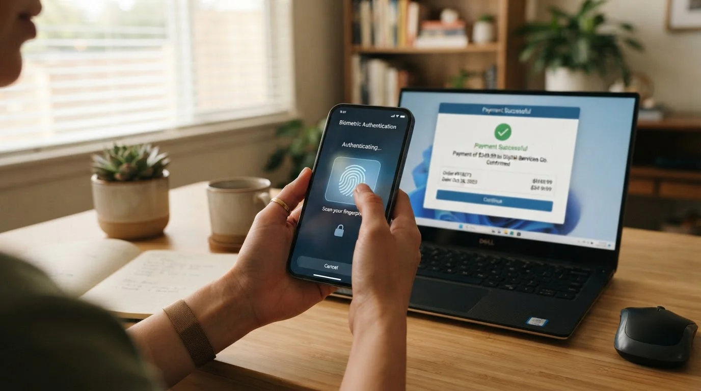 Smartphone en mano mostrando autenticación por huella dactilar con laptop en fondo