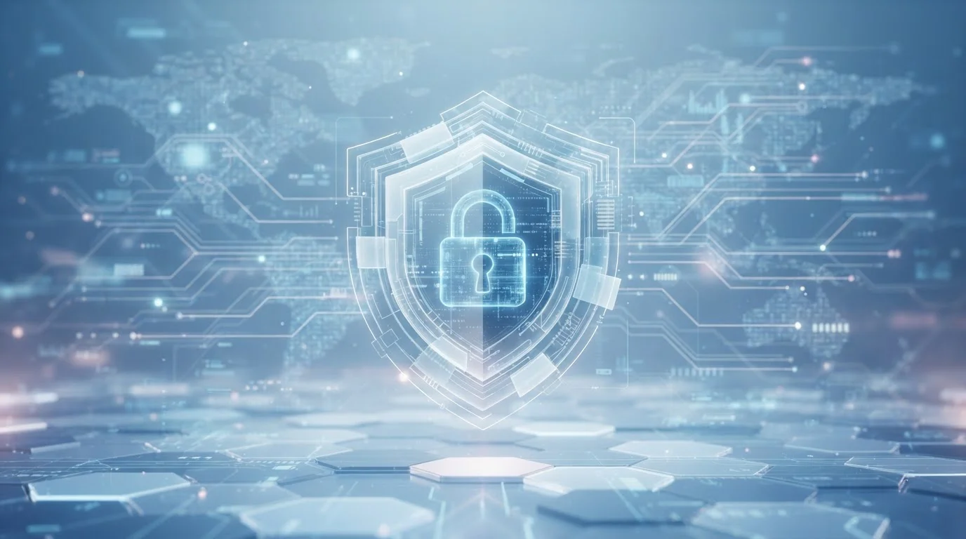 Escudo de seguridad digital con candado sobre fondo tecnológico limpio