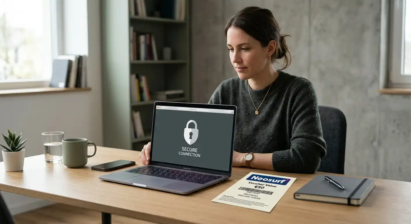 Escritorio con laptop mostrando candado de seguridad y cupón Neosurf