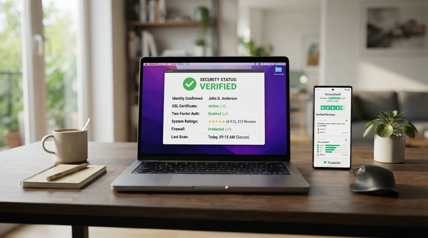 Laptop mostrando verificación de seguridad y ratings de casinos cripto