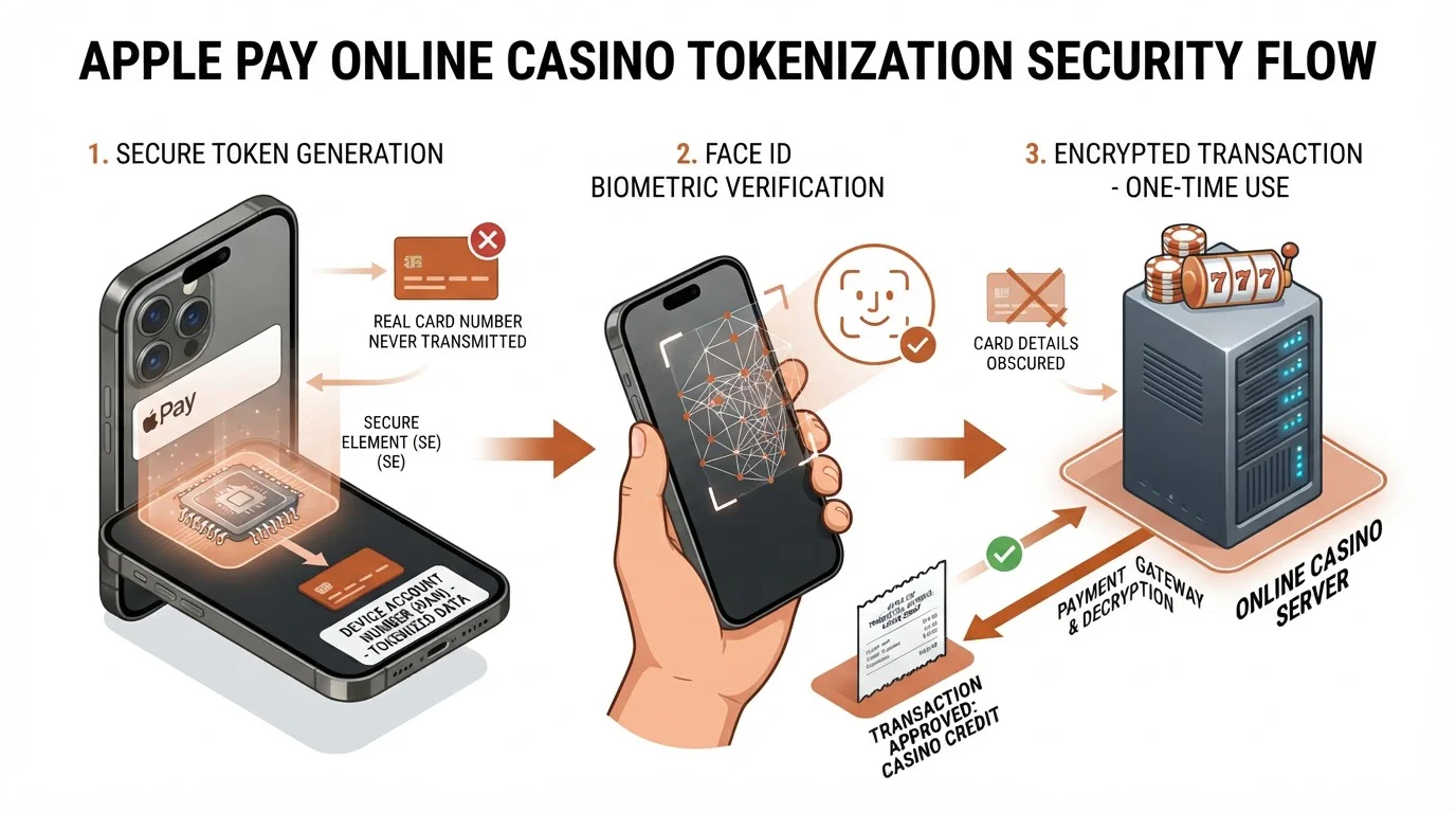 Diagrama de flujo mostrando la tokenización de Apple Pay: Secure Element genera token, Face ID autentica, casino recibe código de un solo uso sin ver tarjeta real