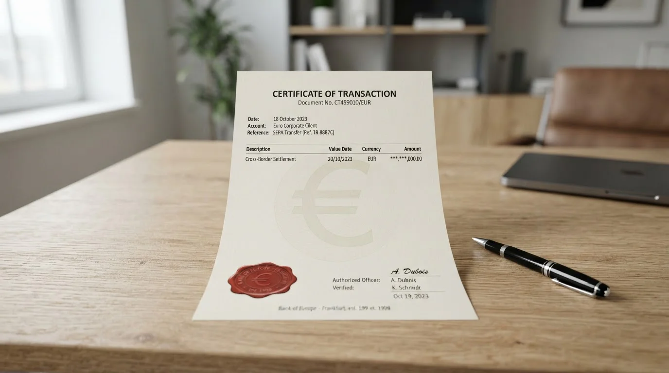 Documento bancario con símbolo de euro y sello de seguridad