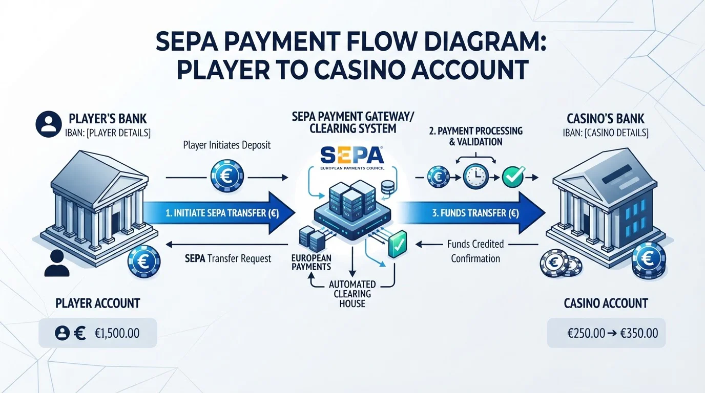 Diagrama simplificado del flujo SEPA entre banco del jugador y casino