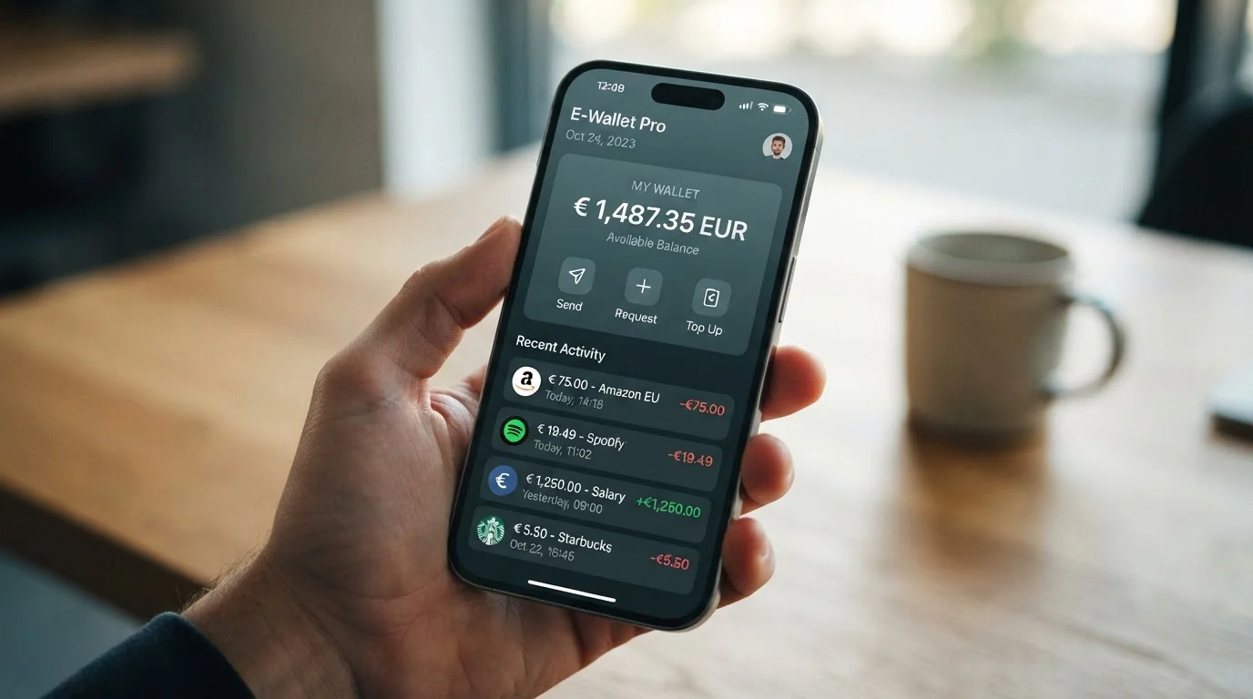 Smartphone mostrando interfaz de wallet digital Skrill con balance en euros