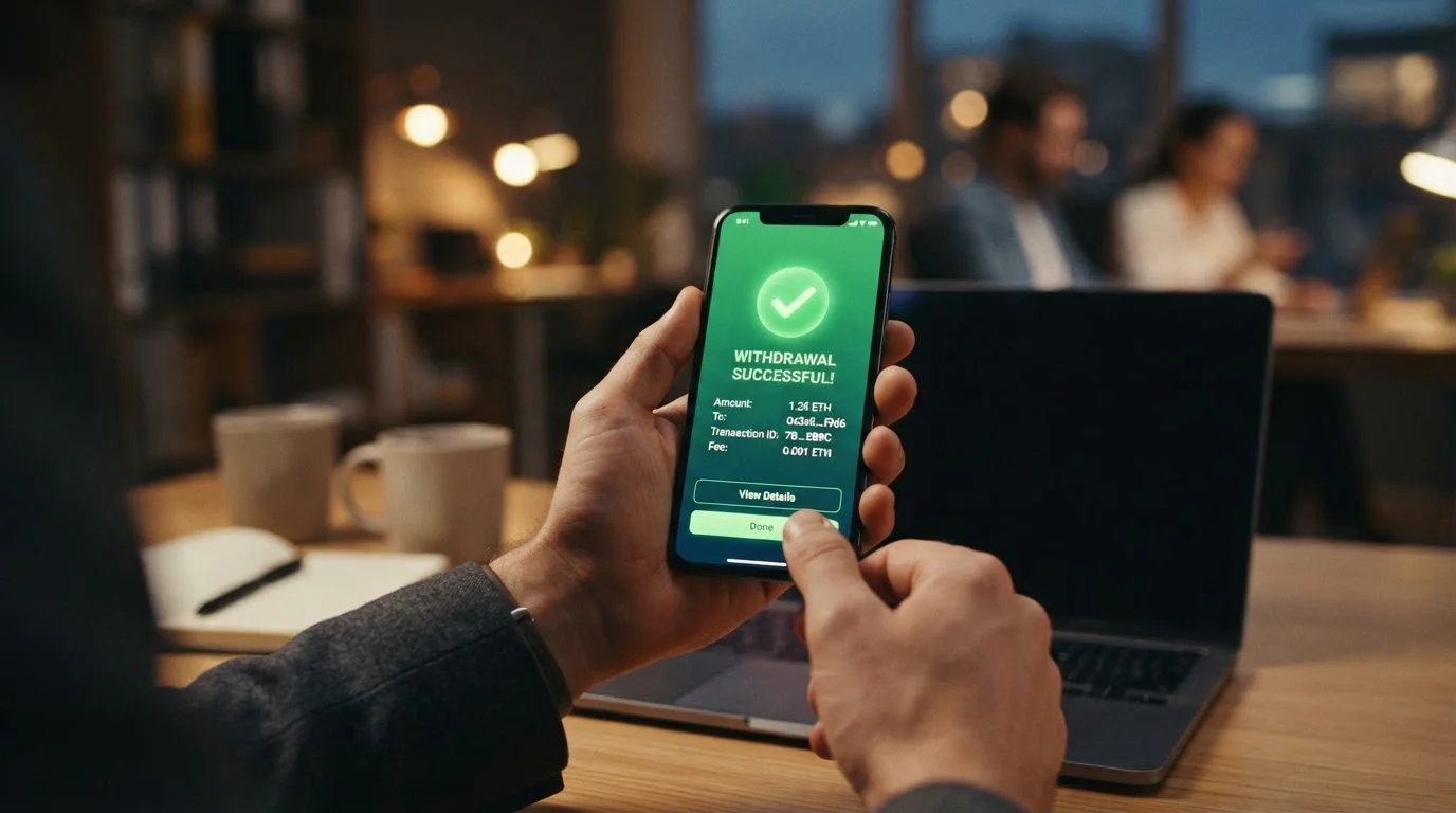 Smartphone mostrando wallet cripto con notificación de retiro exitoso y confirmación rápida