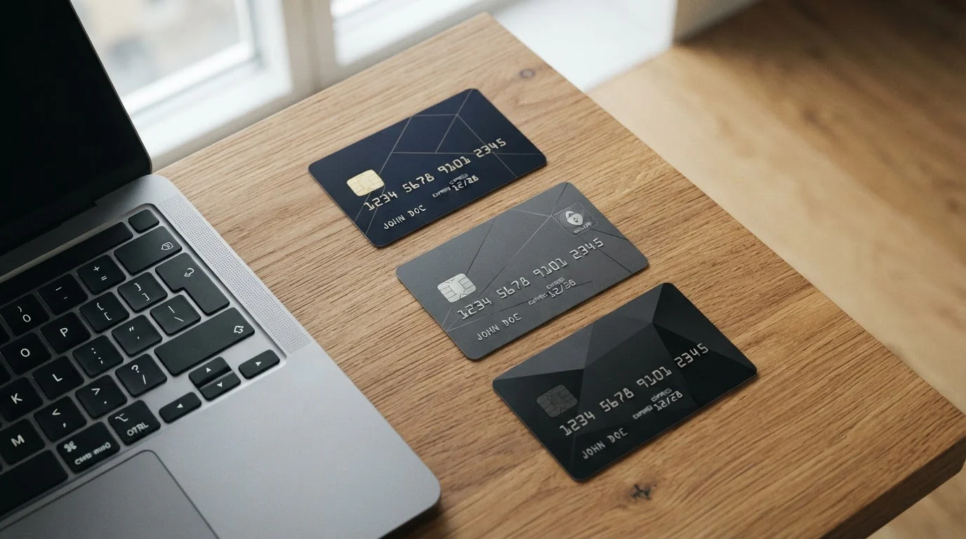 Tarjetas Visa y Mastercard genéricas sobre escritorio junto a laptop
