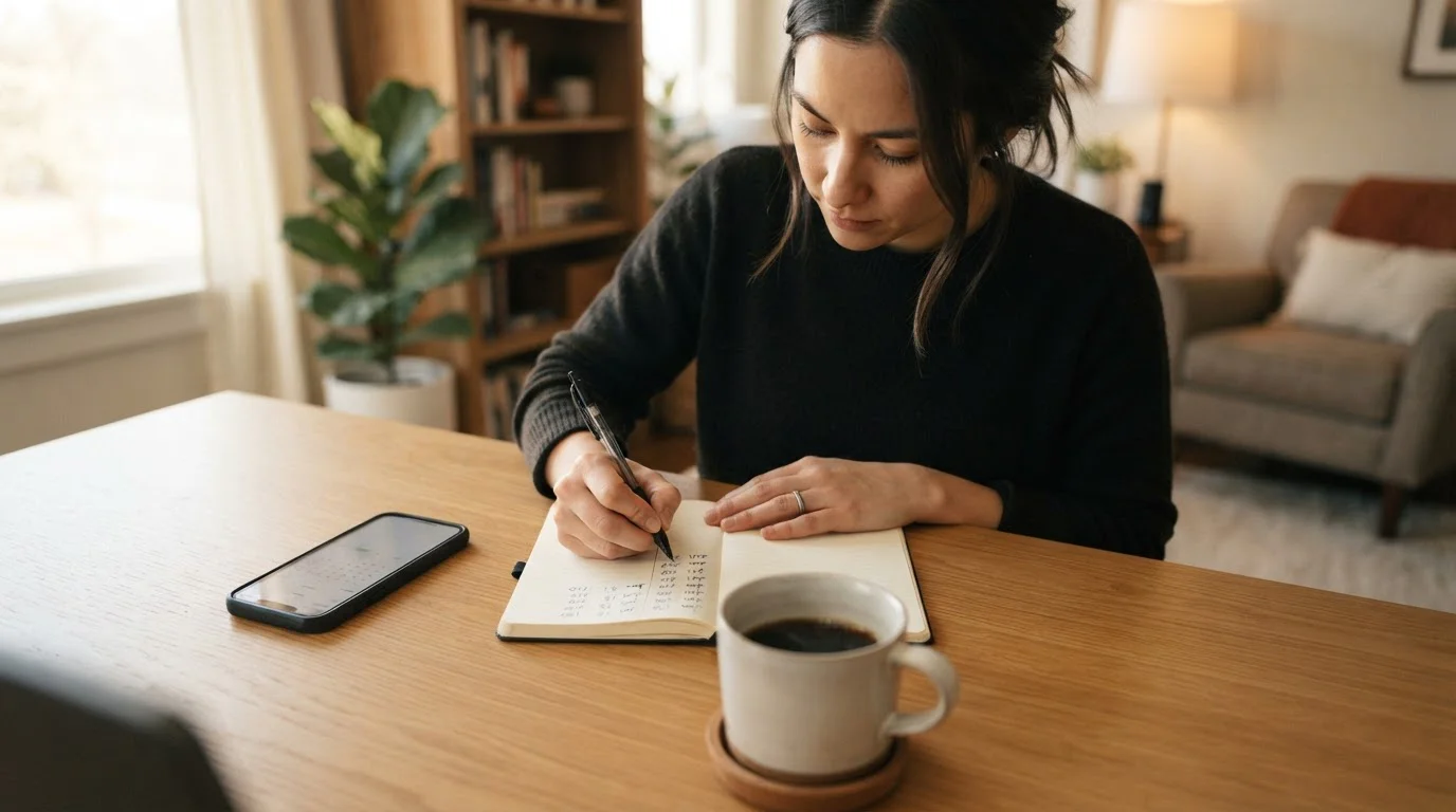 Persona anotando un presupuesto en libreta junto a una taza de café