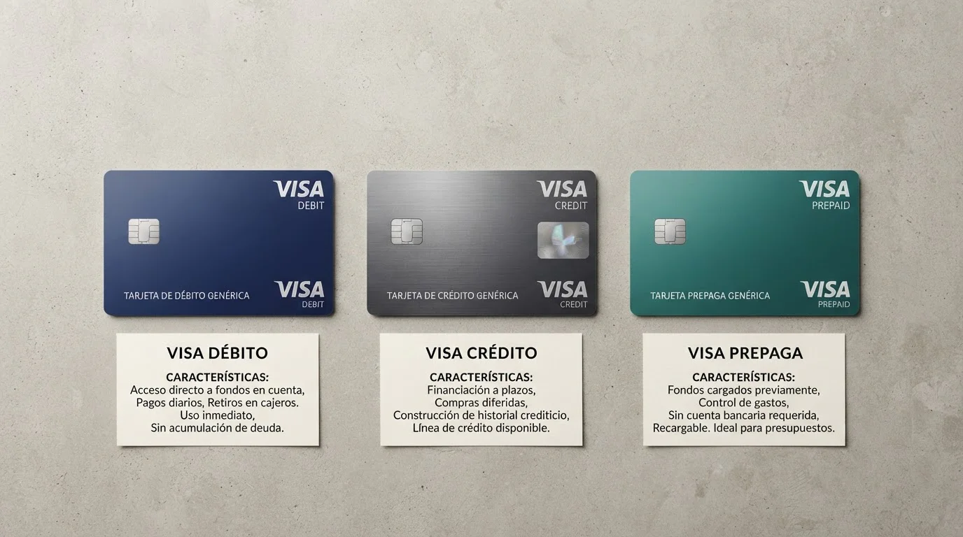 Tres tarjetas Visa genéricas representando débito, crédito y prepago con características