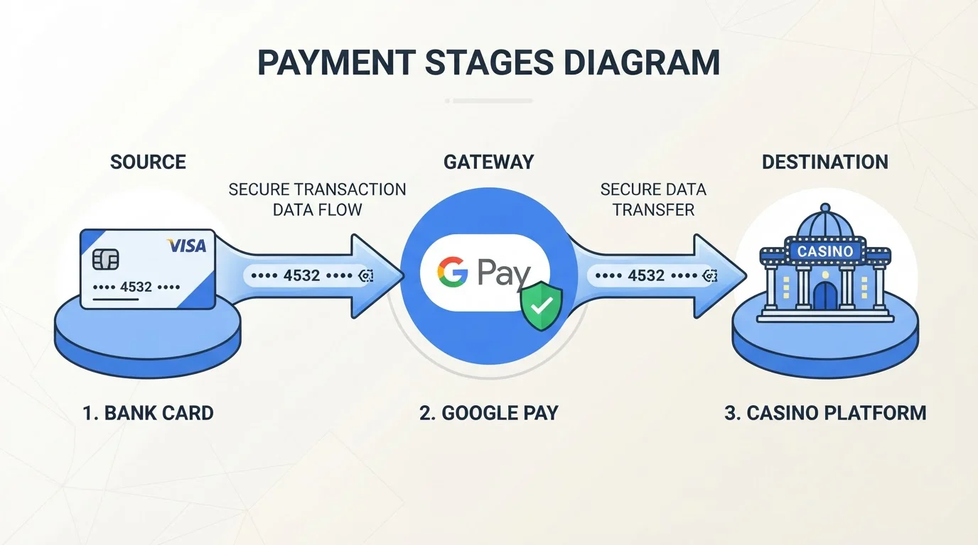 Diagrama técnico simplificado mostrando flujo de tokenización desde tarjeta bancaria a través de Google Pay hasta casino
