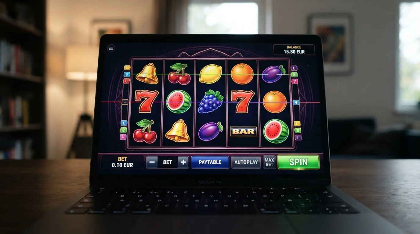 Pantalla de laptop mostrando interfaz genérica de tragaperras