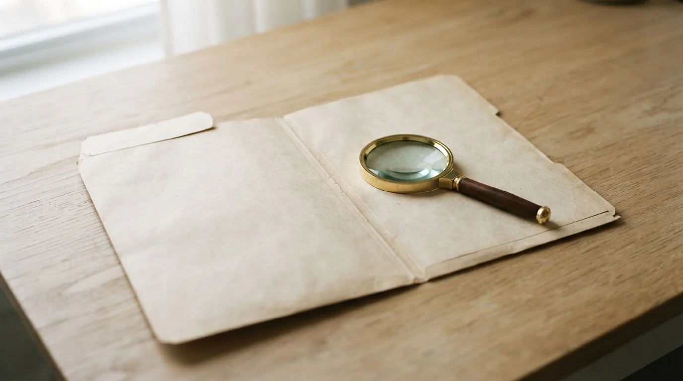 Ficha de archivo vacía con lupa sobre superficie de madera clara