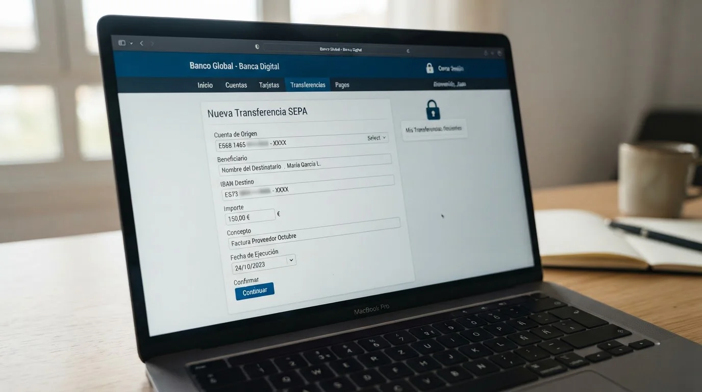 Pantalla de laptop mostrando formulario de transferencia bancaria SEPA en interfaz de banca online española