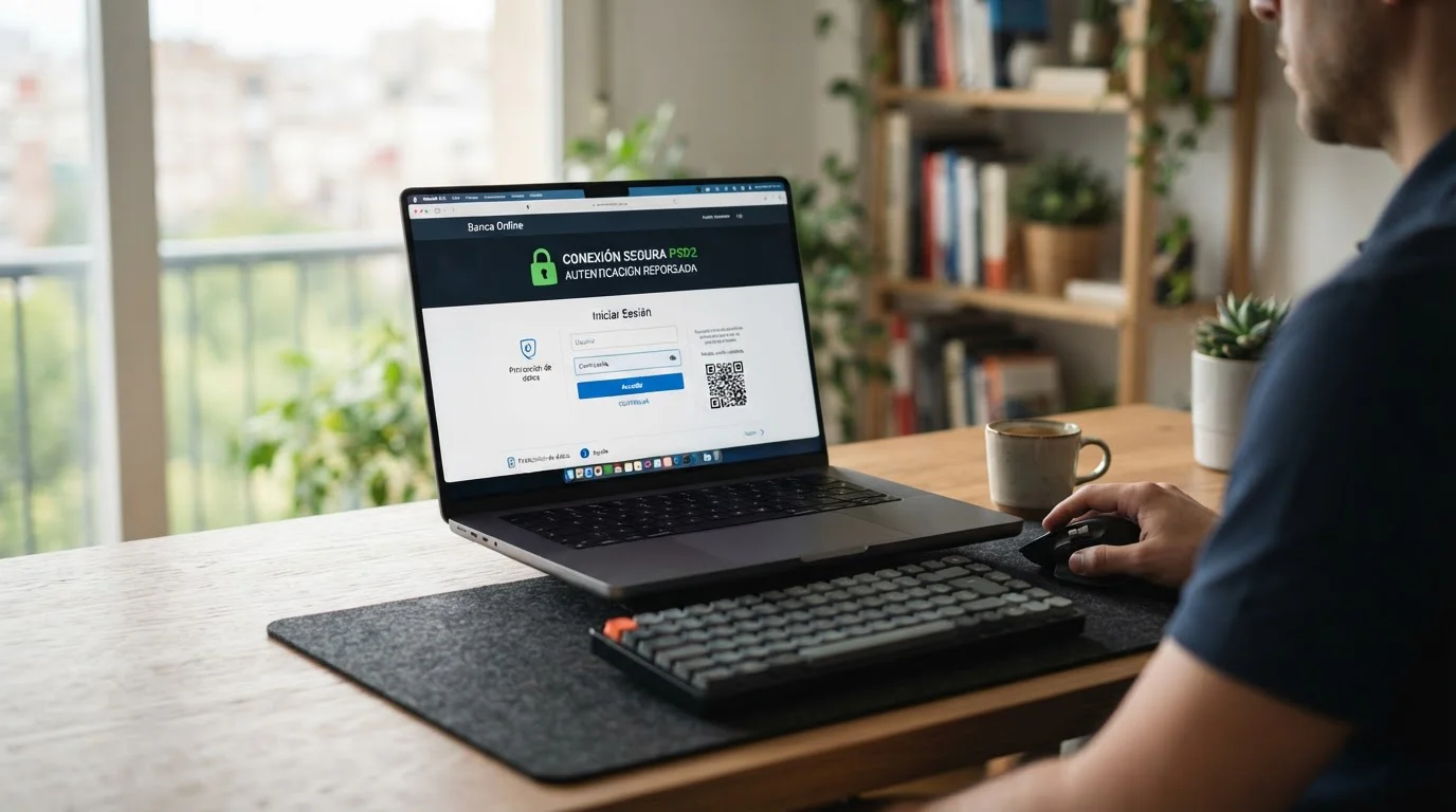 Pantalla de laptop mostrando autenticación bancaria instantánea con Trustly