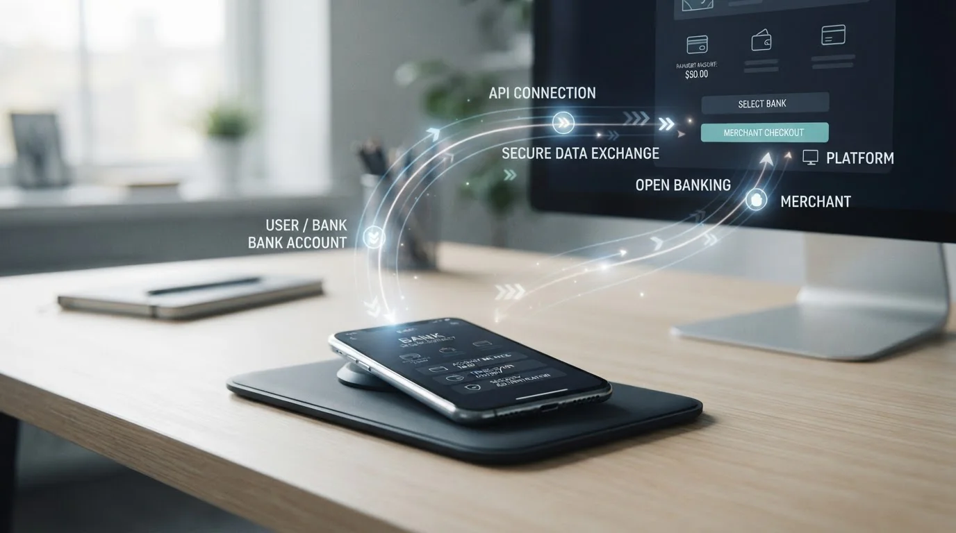 Interfaz de Open Banking conectando banco con casino mediante API regulada PSD2