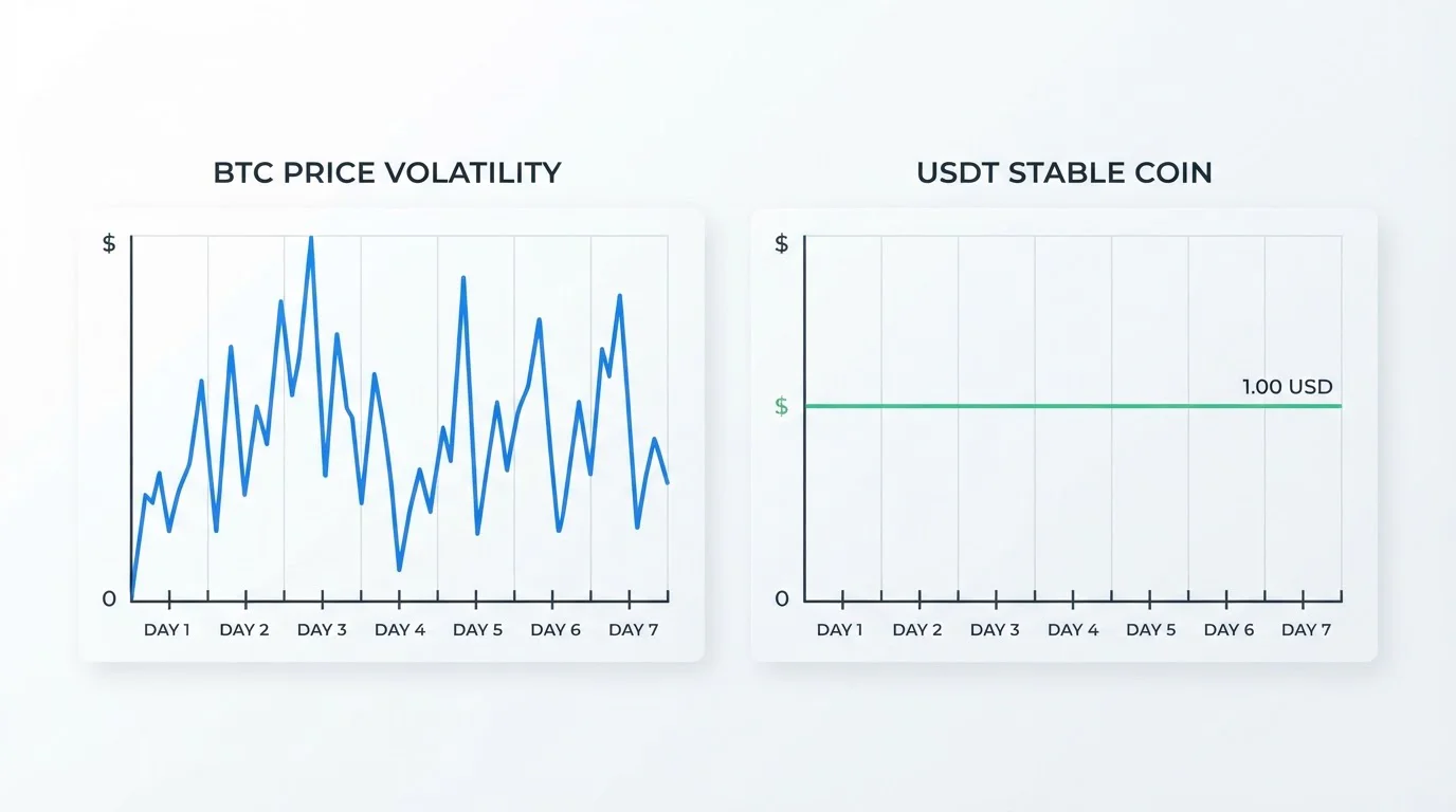 Comparación visual entre volatilidad de Bitcoin y estabilidad de Tether USDT en gráfico