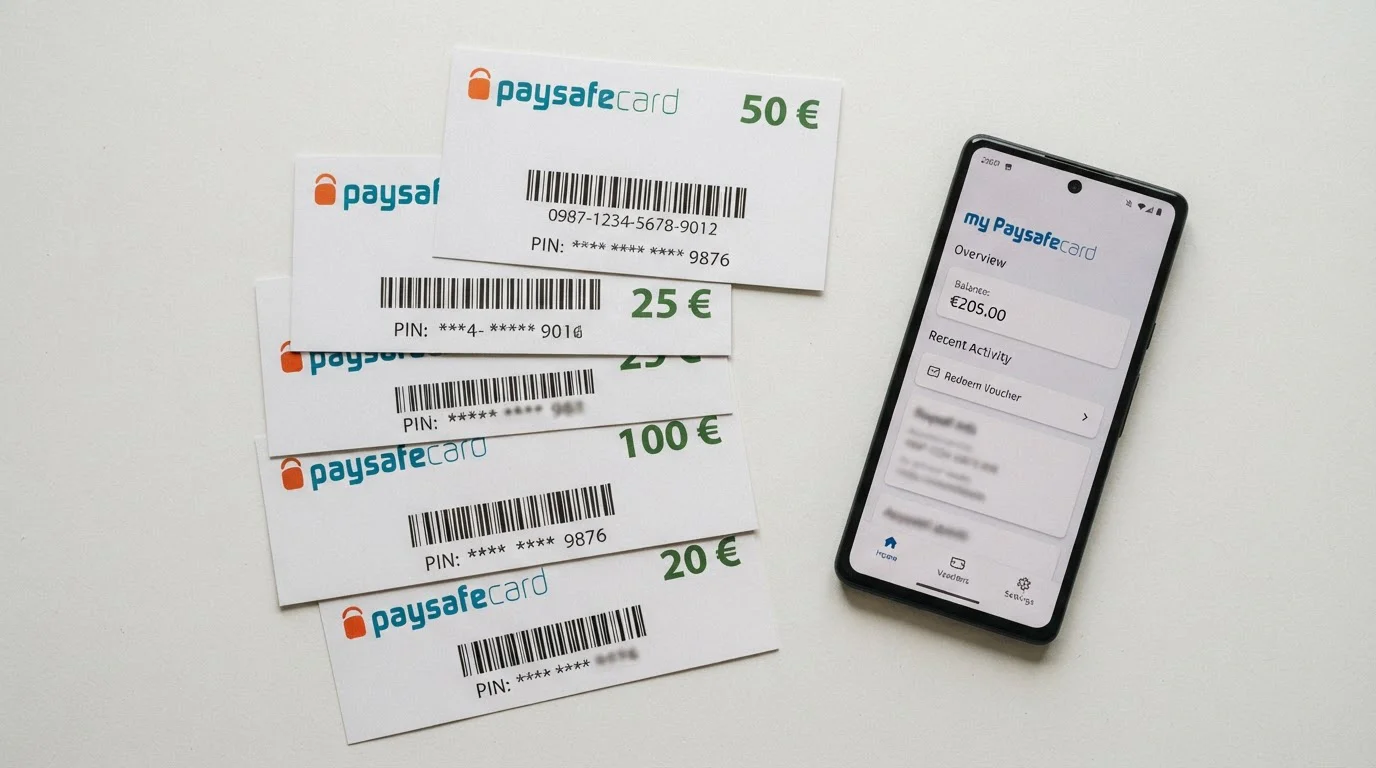 Escritorio con vouchers Paysafecard de diferentes valores y smartphone mostrando app my Paysafecard
