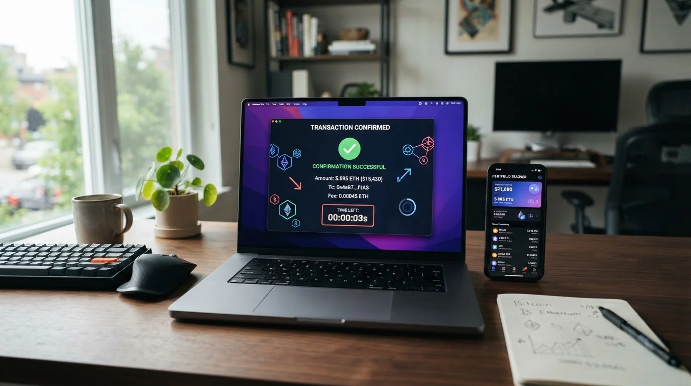 Pantalla de laptop mostrando confirmación blockchain de Tron en 3 segundos