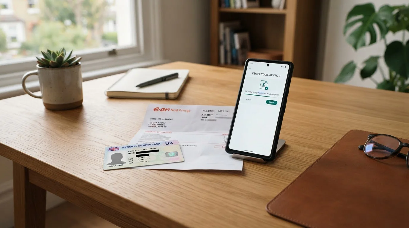 Documentos de verificación KYC sobre escritorio con DNI y comprobante de domicilio