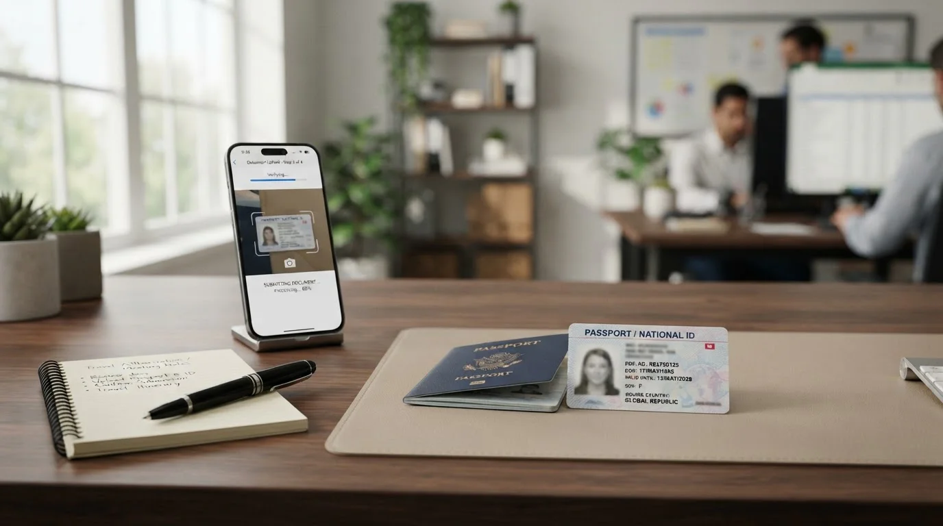 Documentos oficiales y smartphone con interfaz de verificación de identidad