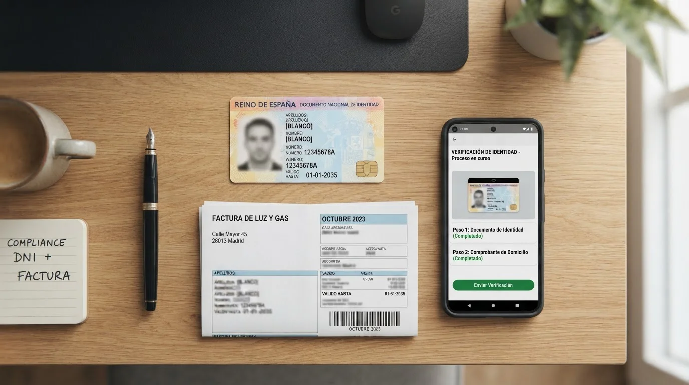 Documentos de verificación KYC dispuestos sobre escritorio con smartphone