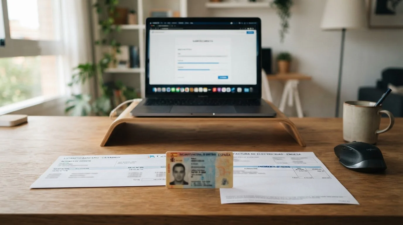 Documentos de verificación KYC para casino: DNI español, factura de servicios y tarjeta bancaria sobre escritorio