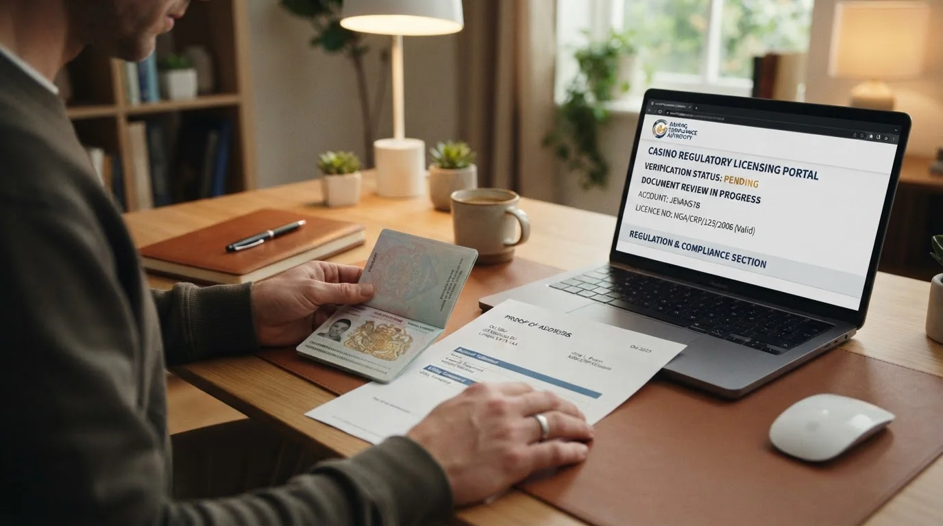 Escritorio con documentos de verificación y página web de casino en pantalla