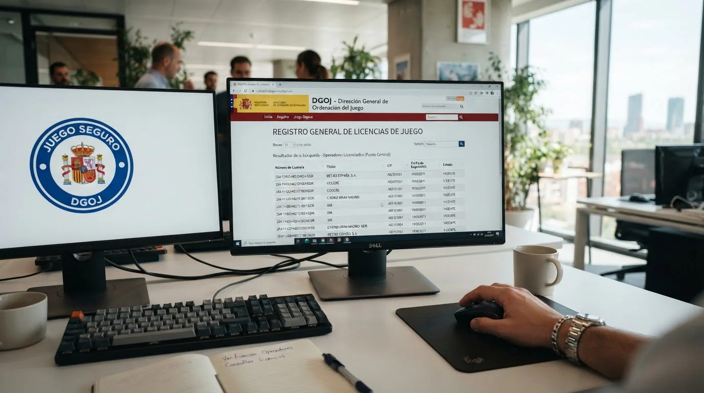 Pantalla de ordenador mostrando registro oficial DGOJ con búsqueda de operadores