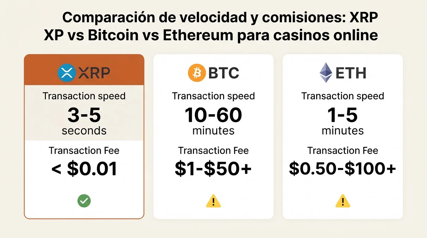Comparativa visual de XRP, Bitcoin y Ethereum por velocidad y comisión de transacción